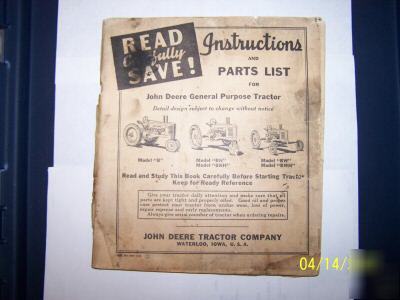 Vintage john deere instruction & parts list model 