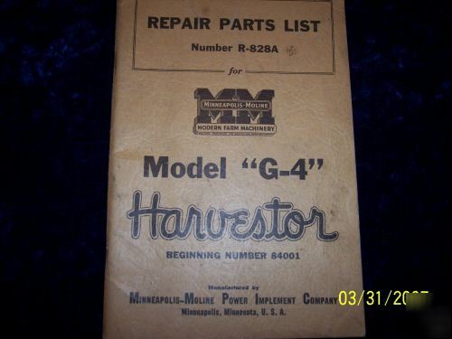 Model g-4 harvester repair parts list # r-828A
