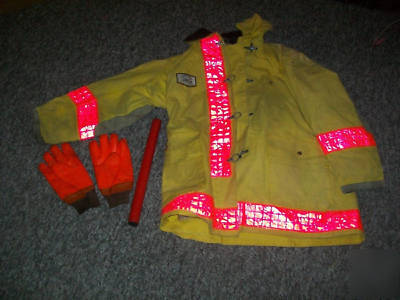Fire fighter gear, pants, coat, gloves, baton, and bag 