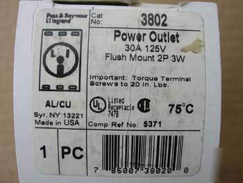 New pass & seymour 3802 30A 125V 2P 3W power outlet