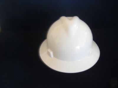 Msa white full brim hard hat w/ratchet suspension