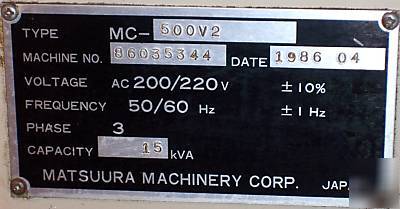 Matsuura MC500V MC500 knee vertical mill vmc w/fanuc