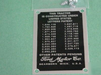 Ford tractor 9N 2N patent data plate w/ screws
