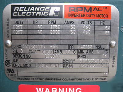 Reliance 40 hp inverter duty motor 1750 rpm RL2162 dpfv