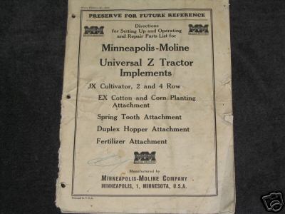 1950 minneapolis moline z tractor impl. manual, scarse