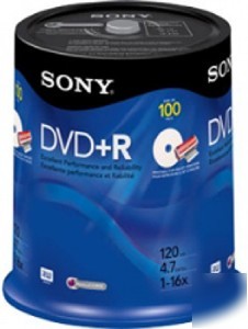 New 100 sony dvd+r 16X recordable 4.7GB disc on spindle 