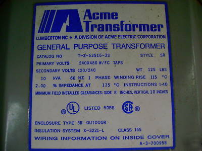 New acme transformer 10KVA 480 to 208 old stock 3R