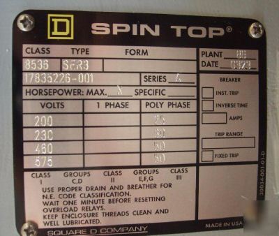 Square d spin top starter class 8536 type SER3 25HP 