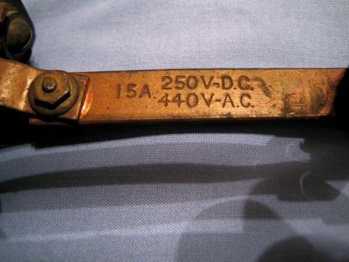 Knife switch, 15 amp, 250 volt, copper, slate, antique