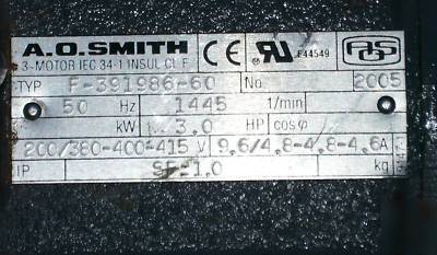 A o smith 3 hp a/c motor 208-230/460 v 1745 rpm 3 phase