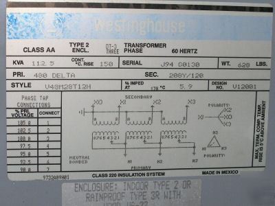 112.5 kva 480 delta to 208Y/120 3 phase transformer