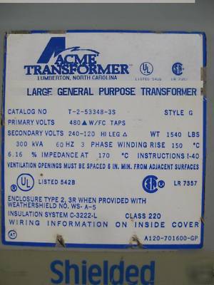 Acme transformer 300 kva 480/240/120 3 ph 300KVA delta