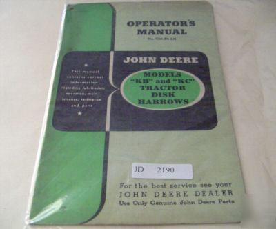 John deere kb kc tractor disk harrow operators manual