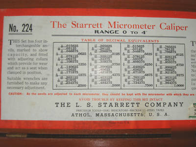Nice starrett #224 0-4 inch micrometer caliper set aa