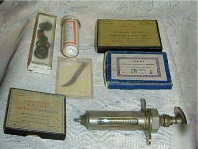 Vintage-veterinary tools-syringe+pliers+needles+more