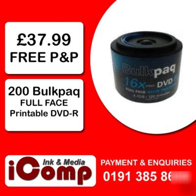 200 bulkpaq dvd-r 16X full face printable