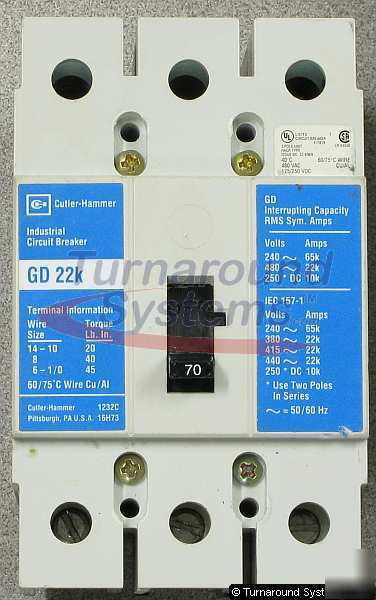 Cutler-hammer GD3070 circuit breakers, 70 amp, 480 volt