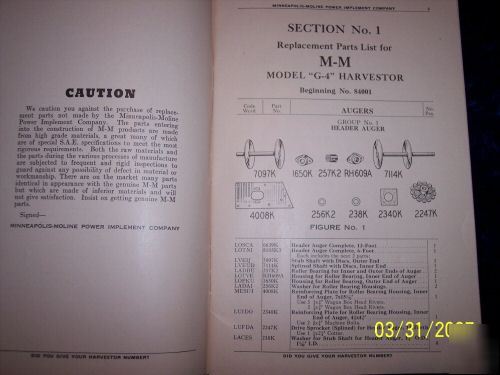 Model g-4 harvester repair parts list # r-828A