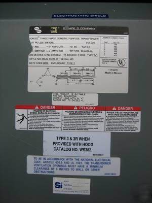 Square d transformer 225 kva 480/280Y/120 3 ph 280 y 3R