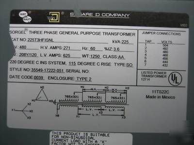 Square d transformer 225 kva 480/280Y/120 3 ph 280 y 3R