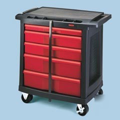 Five - drawer mobile workcenter with locking bar, black