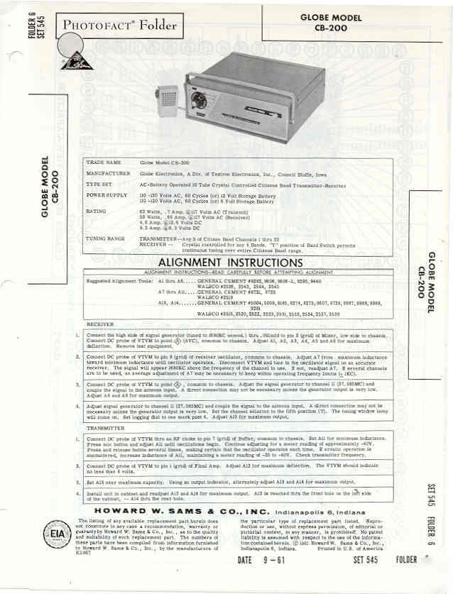 Globe cb-200 citizens band cb radio photofact 1961