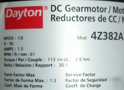 New dayton 90 v dc gearmotor 1/8 hp 30:1 ratio 61 rpm 