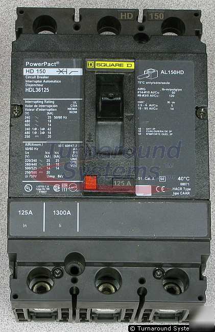 Square d HDL36125 circuit breaker, 125 amp, 600 volt