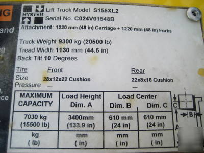 2004' hyster 15,000# forklift, lp gas, fork positioners