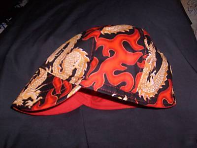 Gold dragon with red flames welding cap