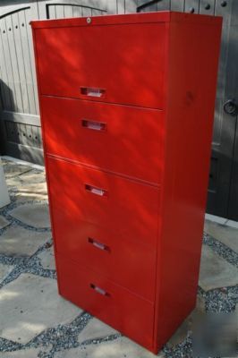 Hi quality steelcase 5 drawer lateral file cabinet- red