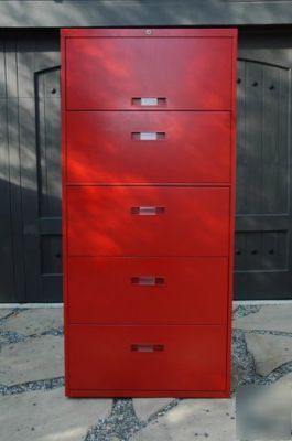 Hi quality steelcase 5 drawer lateral file cabinet- red