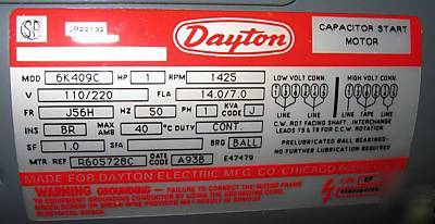 Dayton 1 hp, 1425 rpm, 6K409 industrial duty motor