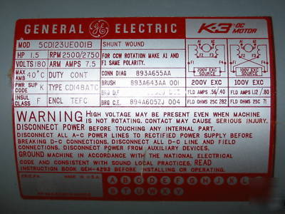 New ge k-3 shunt wound dc motor 1.5 hp 180V 2500 rpm 