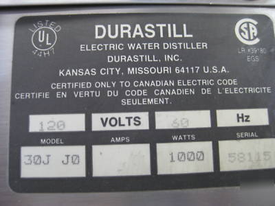 Durastill water distiller automatic 8 gallon model 30J