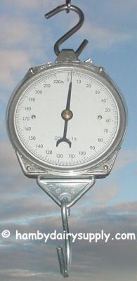 Hanging weigh scale 220 pounds with tray scoop