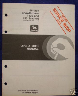 John deere 420 430 tractor snowblower manual nice 