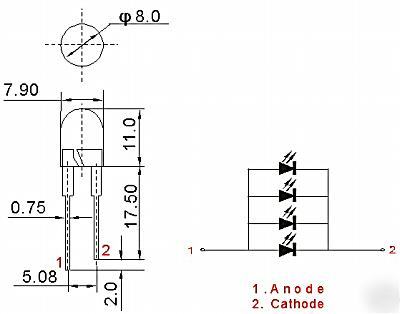 10 x 8MM white 4-chip led 16 lumens @80MA 0.3W power