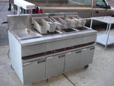 Three used anets deep fryers w/ work station & warmer