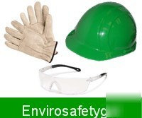 New green hard hat gloves & safety glasses employee kit