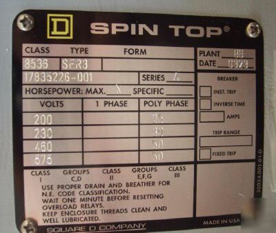 Square d spin top starter class 8536 type SER3 25HP 
