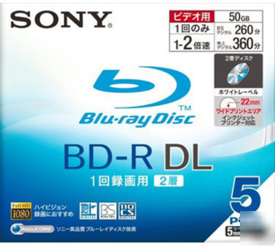5 sony bluray disc bdr dl 50GB blu ray dvd 2X repacked
