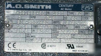 A o smith 3 hp a/c motor 208-230/460 v 1745 rpm 3 phase