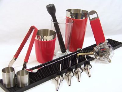 Red vinyl boston cocktail shaker kit pub bar equipment