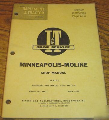 Minneapolis moline ub -g vi tractor i&t service manual