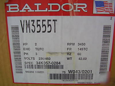 New baldor VM3555T ac induction motor, 2 hp, 3 phase