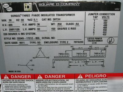 30 kva 480 to 208/120 3 phase square-d transformer