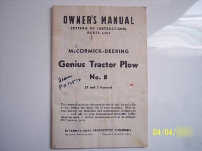 Mccormick deering genius tractor plow no. 8 1945 manual