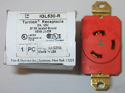 New pass & seymour IGL530-r receptacle 30A 125V 3 wire